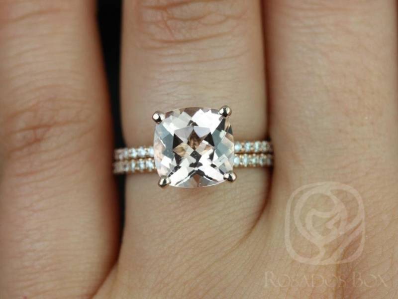 Versand Bereit Heidi 9 Mm 14Kt Rose Gold Kissen Morganit Diamant Zierliche Versteckt Pave Korb Hochzeit Set Ringe, Rosados Box von RosadosBox
