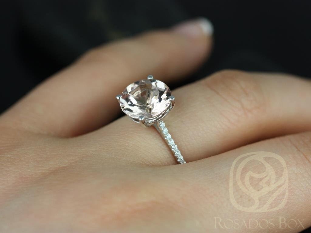 Versandfertig Eloise 10 Mm 14Kt Gelb Gold Morganit Diamanten Zierliche Minimalist Pave Kathedrale Runde Solitär Verlobungsring von RosadosBox