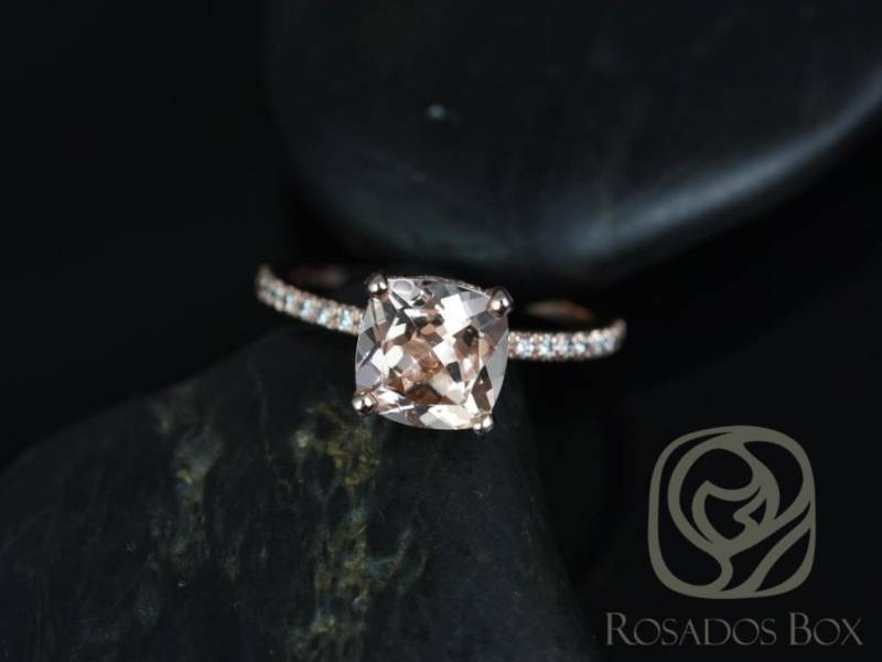 Versandfertig Heidi 8 Mm 14Kt Rose Gold Kissen Morganit Diamant Versteckt Pave Halo Korb Verlobungsring, Rosados Box von RosadosBox