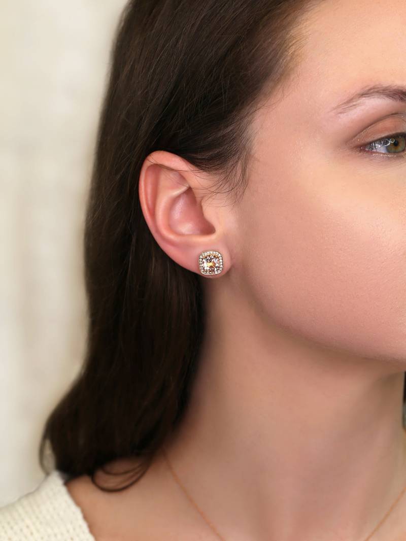 Versandfertig Rheine 8 Mm 14Kt Rose Gold Morganit Diamant Mit Milgrain Kissen Halo Ohrstecker, Ohrringe, Art Deco Ohrringe von RosadosBox