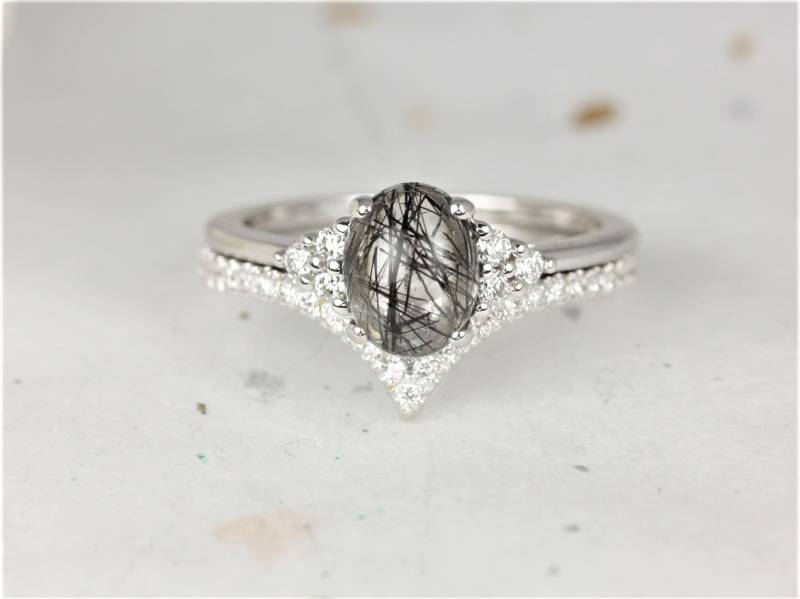 Wacholder 8 X 6 Mm & Willow 14Kt Weißgold Turmalinquarz Diamanten Chevron Zierliche Ovale 3Er Stein Braut Set von RosadosBox