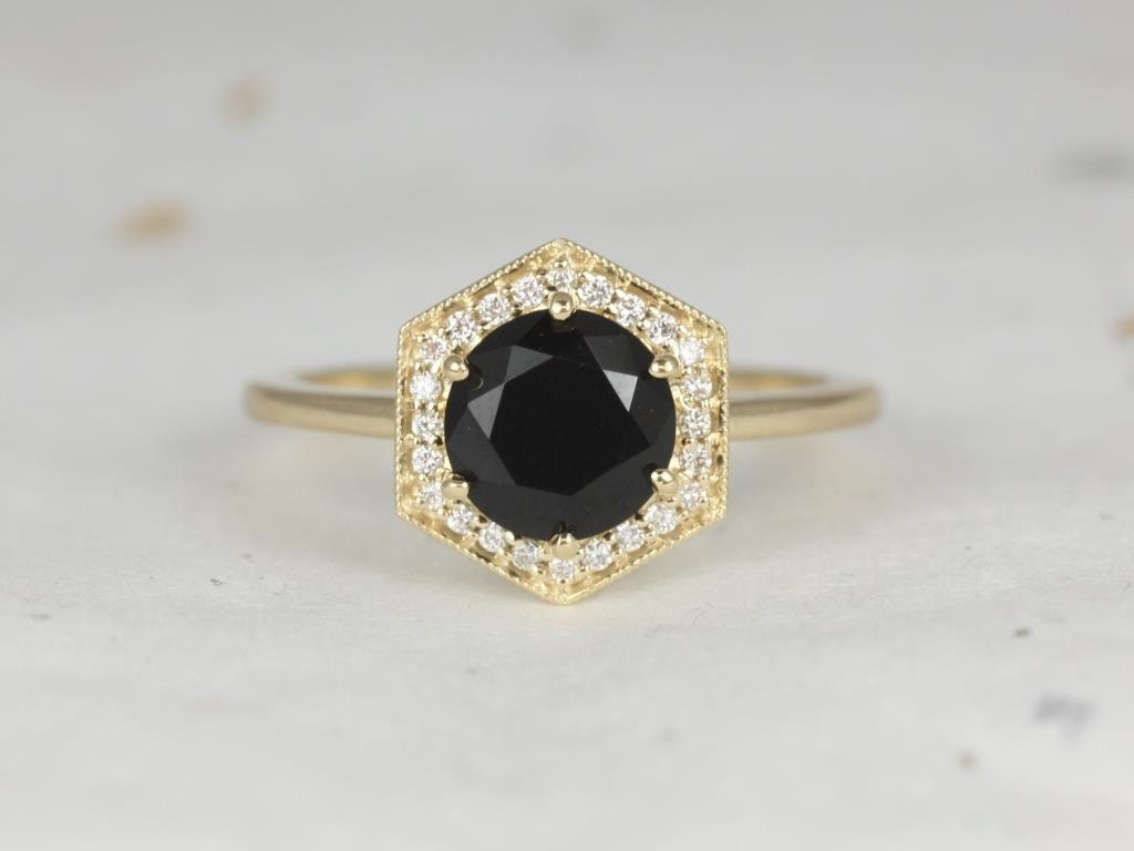 Willis 7 Mm 14Kt Gold Onyx Diamant Mit Milgrain Art Deco Hexagon Halo Ring, Einzigartiger Dezember Geburtsstein von RosadosBox