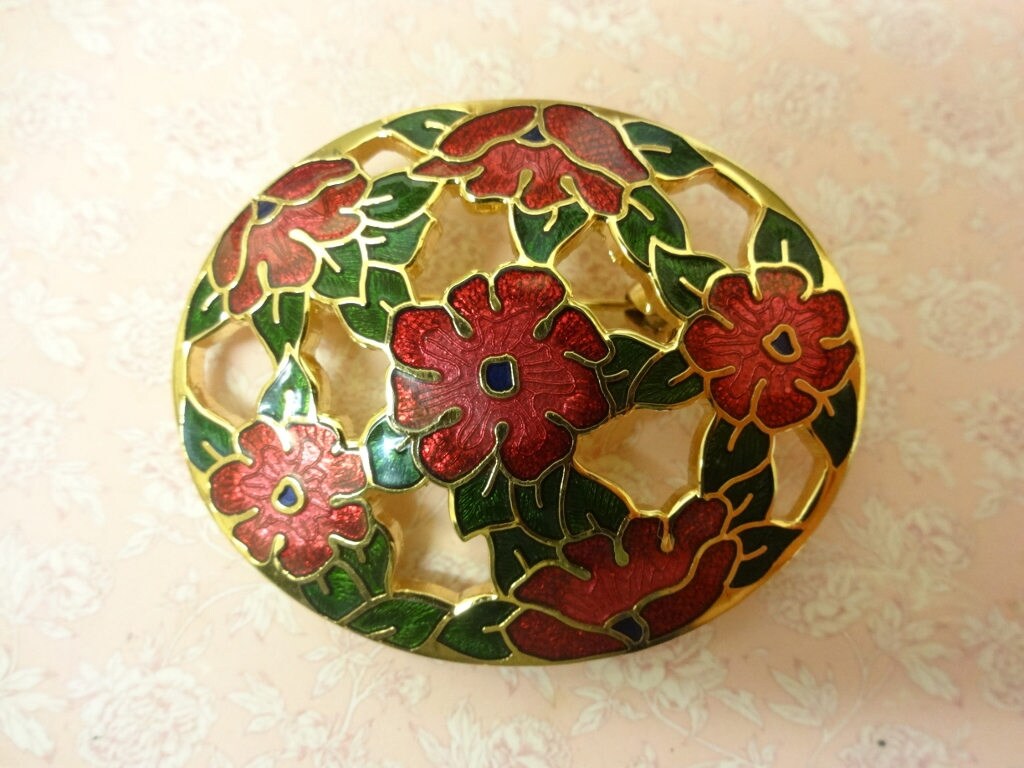 Vintage Emaille Brosche, Cloisonne Floral Blumen Florale Rosa Br/1 von RosaliaJewellery