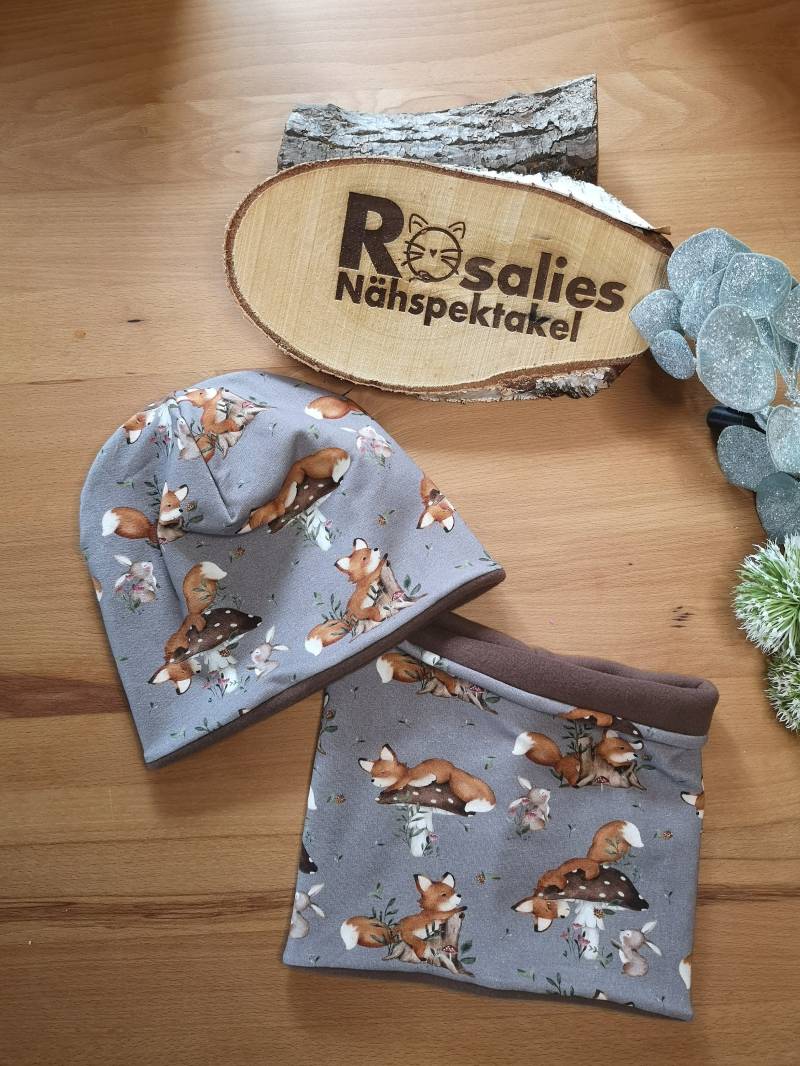 Beanie Mütze Und Loop Fuchs Hase Pilze Grau Braun Jungen Mädchen Geschenk von RosaliesNaehspektakl