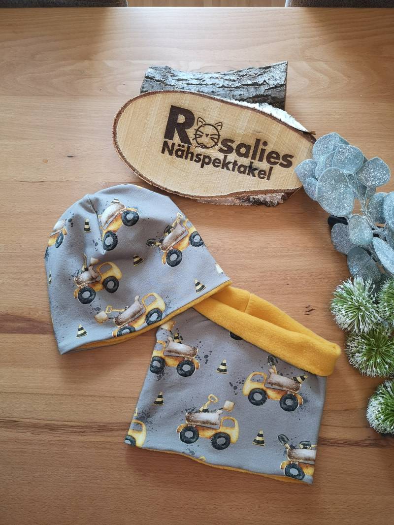Beanie Mütze Und Loop Kipplaster Baustelle Grau Taupe Gelb Jungs Mädchen von RosaliesNaehspektakl