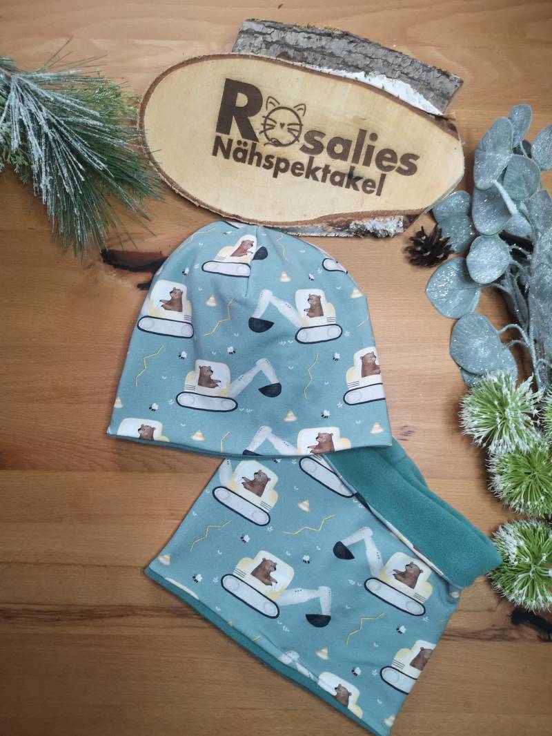 Beanie Mütze Und Loop Schal Bagger Bär Baustelle Altgrün Jungs Mädchen Kopfumf 50/51 Sofortkauf von RosaliesNaehspektakl