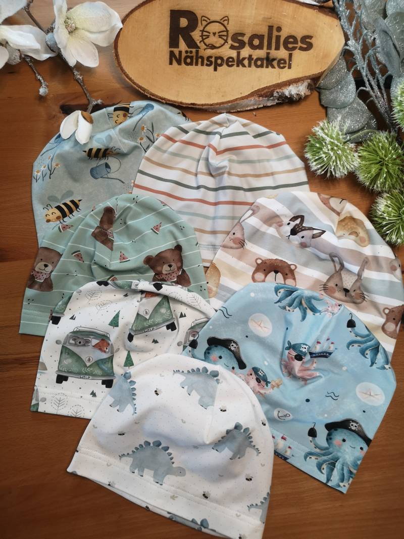 Sommermütze Dünne Beanie Mütze Sommerbeanie Einlagig Aus Jersey Dino, Biene, Maritim, Tintenfisch, Streifen, Bär Jungen Mädchen von RosaliesNaehspektakl