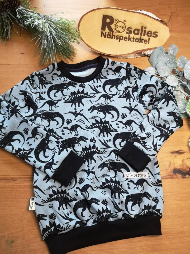 Sweater Pulli Aus Wintersweat Dinosaurier Blaugrau Langarmshirt Longsleeve von RosaliesNaehspektakl