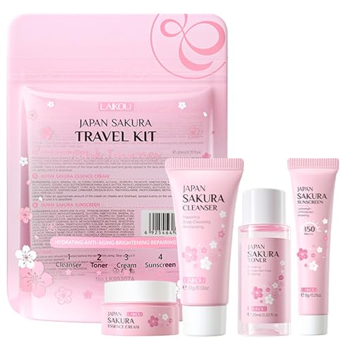 Rosarden Sakura Gesichtspflege Set, Hautpflege Set Reiseset mit Cleanser, Toner, Gesichtscreme und Sonnencreme SPF50+, Geschenkset für Teenager-Mädchen und Frauen, 4-tlg Reisegröße von Rosarden