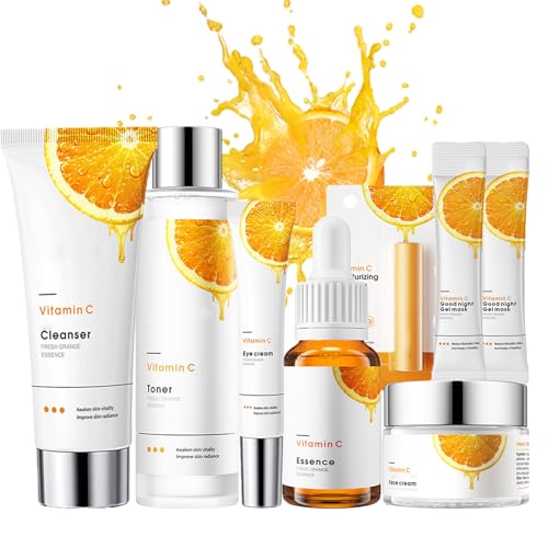 Vitamin C Gesichtspflege Set für Teenager-Mädchen, Skin Care Set Anti-Aging Feuchtigkeitsspendende Hautpflege Set, Tagespflege & Nachtpflege, Geschenkset für Frauen (8-tlg) von Rosarden