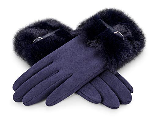 Rose Black Damen Elegant Wildleder Handschuhe mit Fell- Feinste Auswahl (Blau) von Rose Black