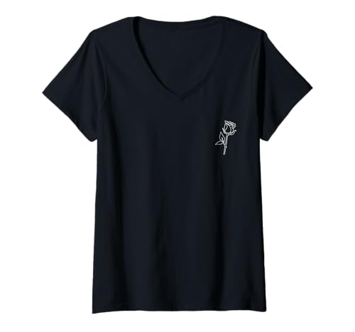 Damen Rose Blume Abstrakte Minimalistische one Line Art Zeichnung T-Shirt mit V-Ausschnitt Damen Rose Blume Abstrakte Minimalistische one Line Art Zeichnung T-Shirt mit V-Ausschnitt von Rose Blume Blumendesign One Line Art Damen