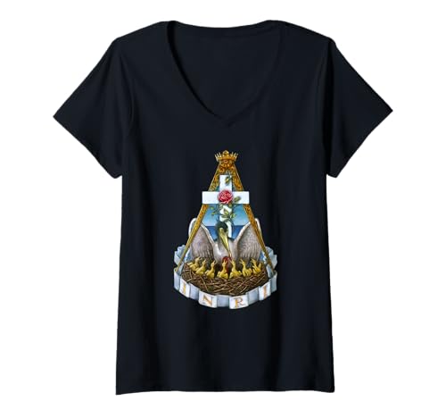 Damen Rosenkreuzer Rosenkroix Pelikan INRI Symbol T-Shirt mit V-Ausschnitt Damen Rosenkreuzer Rosenkroix Pelikan INRI Symbol T-Shirt mit V-Ausschnitt von Rose Cross Rosicrucian