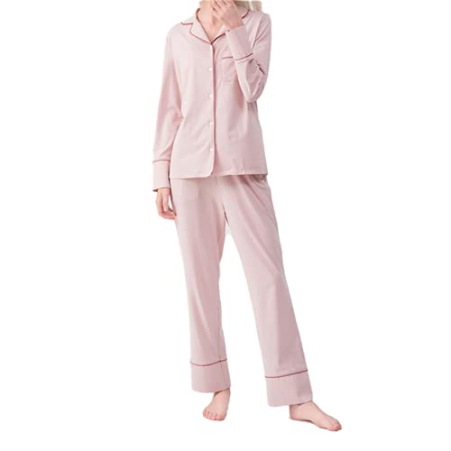 Rose Halcyon Schlafanzug Damen lang, Baumwolle Langarm Zweiteilige Schlafanzüge,Rundhals Damen Schlafanzug lang,Langarm Pyjamas Schlafanzüge Sleepwear Hausanzug Pjs Set für Frauen (L, Pink) von Rose Halcyon