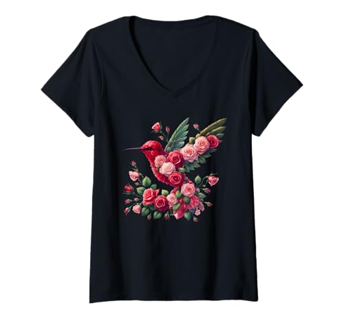 Damen Rose Hummingbird Flower Gardening Floral T-Shirt mit V-Ausschnitt von Rose Hummingbirds Flower Gardening Apparel