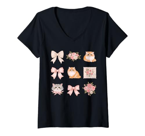 Damen Elegante persische Katze, Toile, rosa Schleife, Blumenmuster T-Shirt mit V-Ausschnitt von Rosé Manor Prints