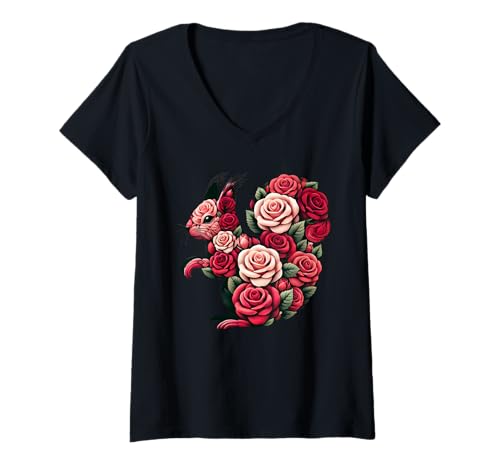 Damen Rose Squirrel Flower Gardening Floral T-Shirt mit V-Ausschnitt von Rose Squirrels Lover Flower Gardening Apparel