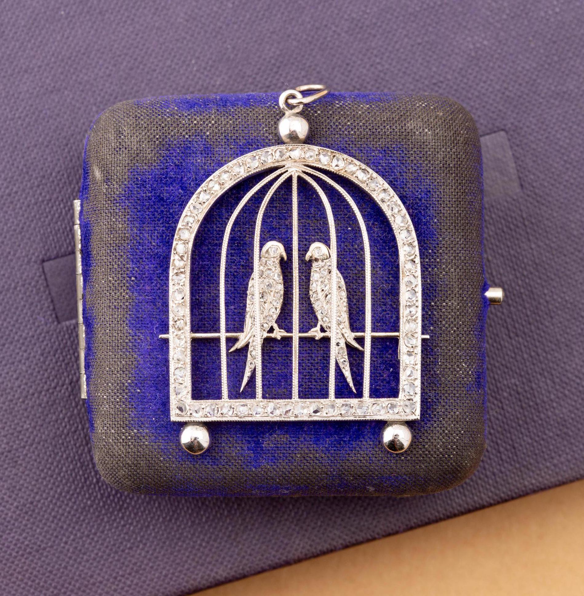 Diamant Anhänger, Love Bird in Cage 18 Karat Weißgold 1970Er Jahre von RoseAntiqueJewellery