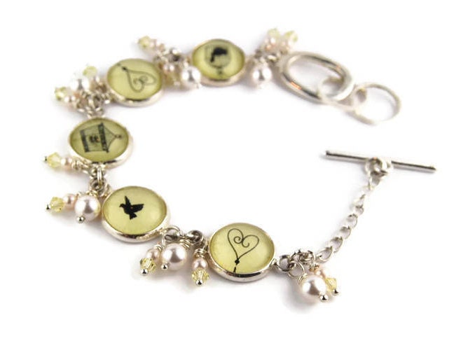 Gelbe Vogelkäfig Und Herzen Armband Mit Perlen Kristallen von RoseCrescentJewelry