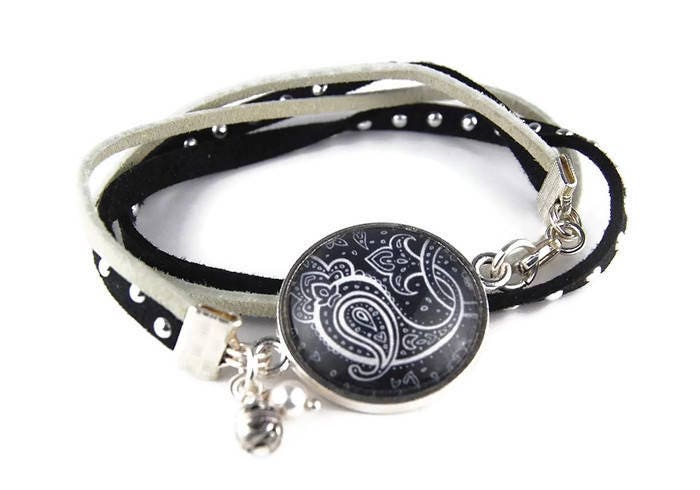 Paisley Lederwickelarmband Schwarz | Hippie-Küken Boho Armband Schmuck Für Jugendliche Schwarz Und Weiß von RoseCrescentJewelry