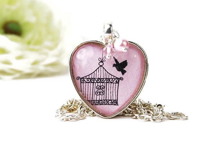 Rosa Vogelkäfig Herz Anhänger Halskette von RoseCrescentJewelry