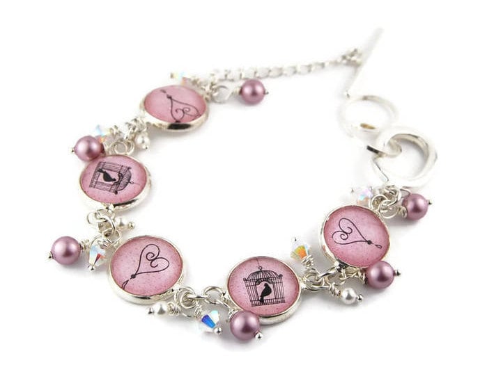 Rosa Vogelkäfig Und Herzen Armband Mit Perlen Kristallen von RoseCrescentJewelry