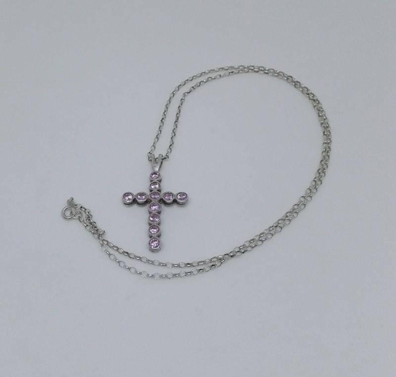 Vintage 925 Silber Kruzifix-Halskette Rosa Zirkonia Kreuz, 1970Er Jahre von RoseDayVintage