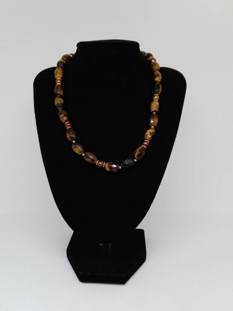 Vintage Facettierte Tigerauge & Perlenkette Herbstliche Goldfarbene Perlen von RoseDayVintage