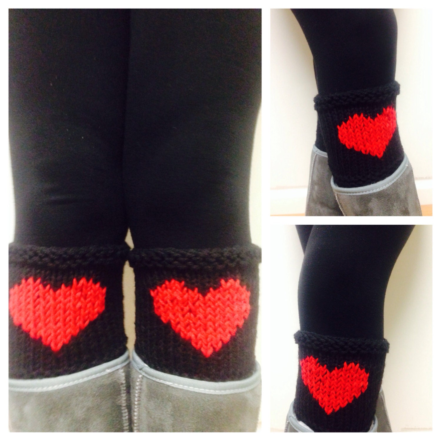 Schwarze Stulpen, Rotes Herz Gestrickte Beinwärmer, Stiefelstulpen, Schwarze Frauen Stiefelsocken von RoseFashion77