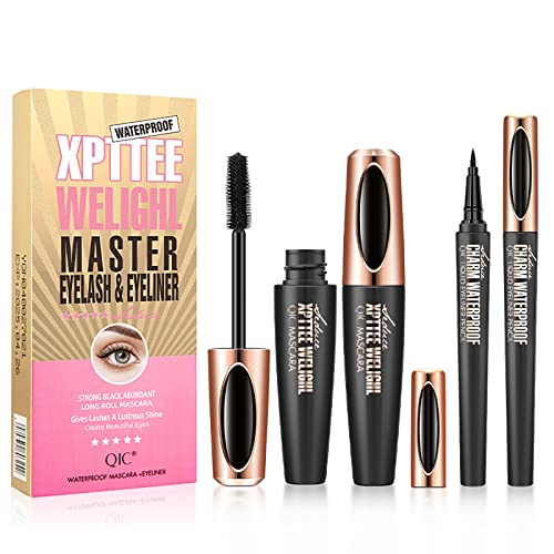 RoseFlower Seidenfaser Wimperntusche und Eyeliner Set, 4D Silk Fiber Mascara, Mascara und Eyeliner set, Wasserfest und Wischfest, Verlängernde Natürliche, Den ganzen Tag lang haltbar von RoseFlower