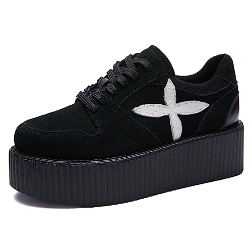 RoseG Damen Creeper Schuhe Wildleder Punk Schnürhalb Plattform Nubukleder Oxfords Weiße Blume Size36.5 von RoseG