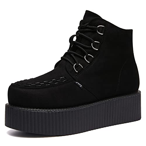 RoseG Damen Schnürsenkel Flache Plateauschuhe High Top Creepers Boots Schwarz Size39 von RoseG