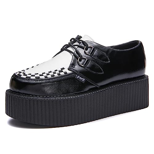 RoseG Damen Schnürschuhe Flache Plateauschuhe Gote Punk Creepers Schuhe Schwarz/Weiß 35 von RoseG