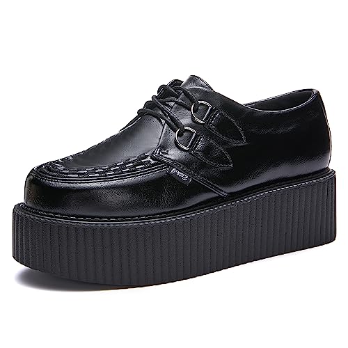 RoseG Damen Schnürschuhe Flache Plateauschuhe Gote Punk Creepers Schuhe Schwarzes Leder 36 von RoseG