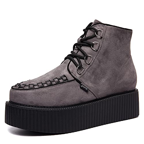 RoseG Damen Schnürsenkel Flache Plateauschuhe High Top Creepers Boots Grau Size37 von RoseG