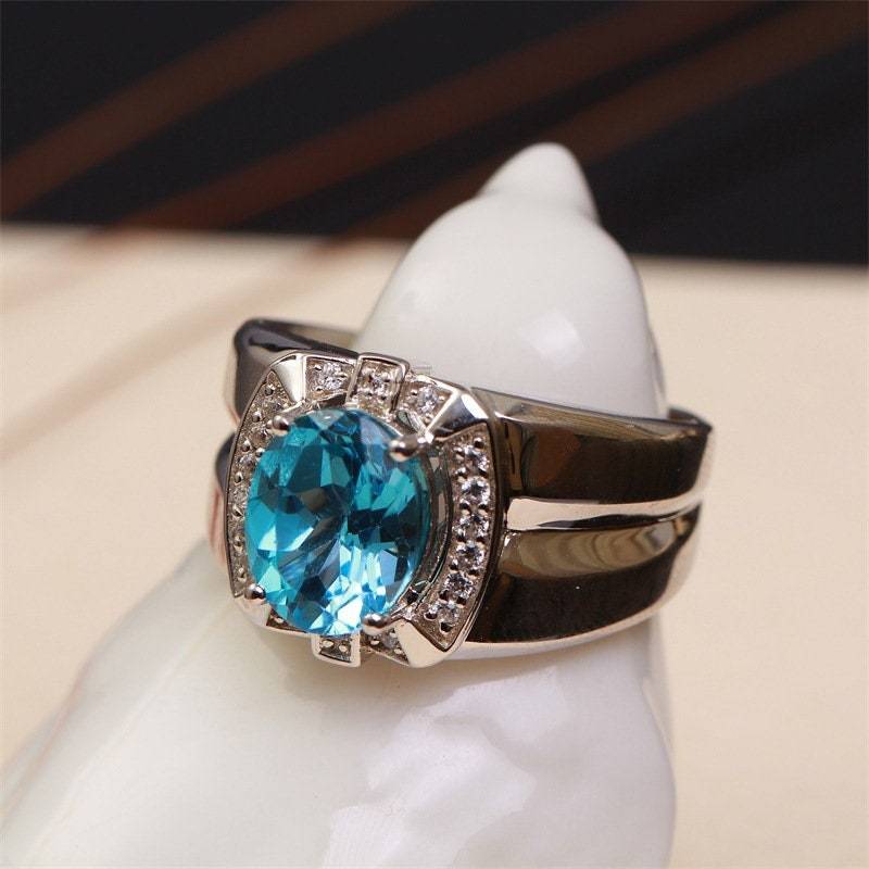 50% Sale Sterling Silber/ 18K Vergoldet/ Natürlicher Blauer Topas/ Zirkon/ Männerring./Nr/ Mb23 von RoseGiftShop