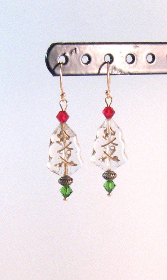 Crystal Clear & Gold, Rote Und Grüne Swarovski Kristalle Antike Messing 14Kgold Weihnachtsbaum Ohrringe, Urlaub Schmuck, Damenmode von RoseGirlCreations