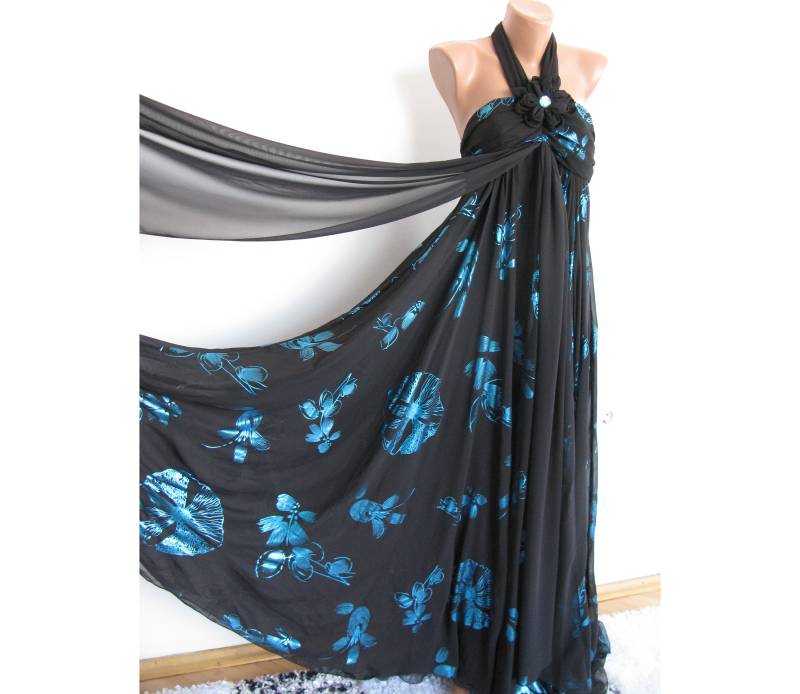 Schwarz-Nachtblau-Türkises Abendkleid/S Size Recycled/ Chiffonkleid/ Partykleid/ Verlobungskleid von RoseJadeBoho