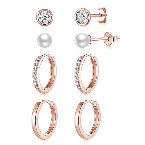 4 Paar Ohrstecker Creolen Silber 925 Rosegold Klein für Damen, AAA+ Zirkonia Perlen Ohrstecker Ohrringe Gold Set, Knorpel 14K Vergoldete Goldene Ohrringe für Mädchen Frauen von RoseJeopal