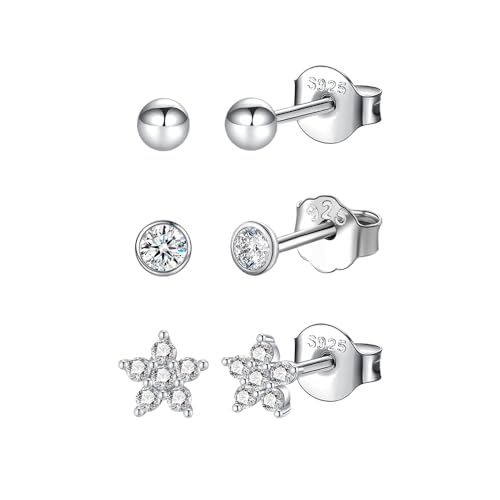 RoseJeopal 3 Paar Silber 925 Ohrstecker Set Damen, Leichter Cubic Zirkonia Blume Runde Kugel Mini Ohrringe Silber 925 Stecker, Hypoallergen Klein Schläfer Knorpel Ohrstecker Set für Mehrere Piercings von RoseJeopal