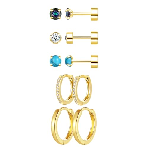 RoseJeopal 5 Parr 18K Gold Ohrringe Set für Damen, Kleine Türkis Runde Ohrstecker Goldene Creolen mit AAA+ Kubischer Zirkonia, Hypoallergene Gold Ohrpiercing Mädchen für mehrere ohrlöcher von RoseJeopal