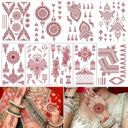 Braun Tattoos Aufkleber, 9 Blätter Mehndi Temporäre Tattoos Set Wasserfest Tattoo Aufkleber für Hand Arm Erwachsene Mädchen von RoseNacht
