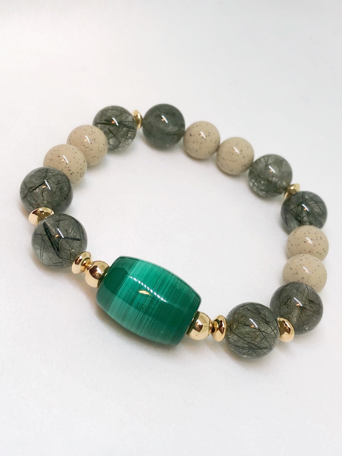 Malachit Trommelperle Mittigstück Mit Grünem Rutilquarz Und Hokutulit Stein. Löst Giftstoffe, Stärkt Intuition Erdung von RoseWSH