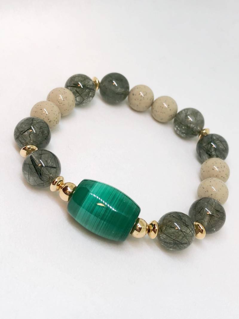 Malachit Trommelperle Mittigstück Mit Grünem Rutilquarz Und Hokutulit Stein. Löst Giftstoffe, Stärkt Intuition Erdung von RoseWSH