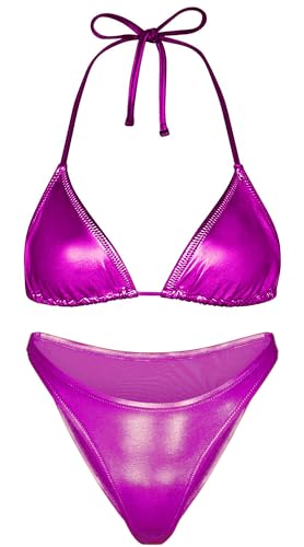 Rosebea Metallic-Bikini-Set für Damen – Retro, glänzend, Silber, 2-teilig, Triangel-Badeanzug, Neckholder-Top, Badeanzug, Violett, S von Rosebea