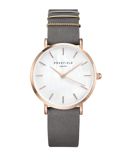 Rosefield Damenuhr The West Village Roségold 33 mm Rundes Gehäuse mit Weißem Zifferblatt und Grauem Band - WEGR-W75 von Rosefield