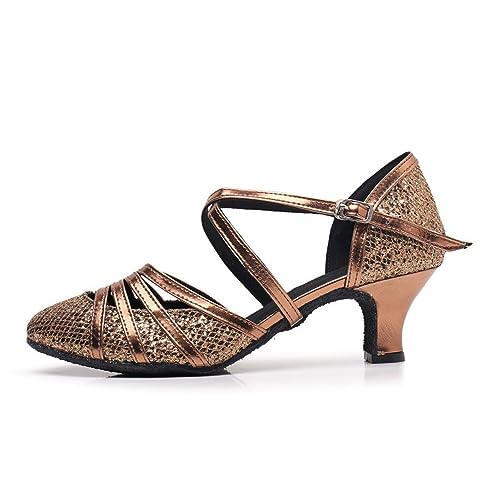 Rosefinch Damen Latein Salsa Tanzschuhe Geschlossene Zehe Mode Tango Cha-Cha Ballroom Performence Tanzschuhe Braun 5cm Absatz 38 EU von Rosefinch
