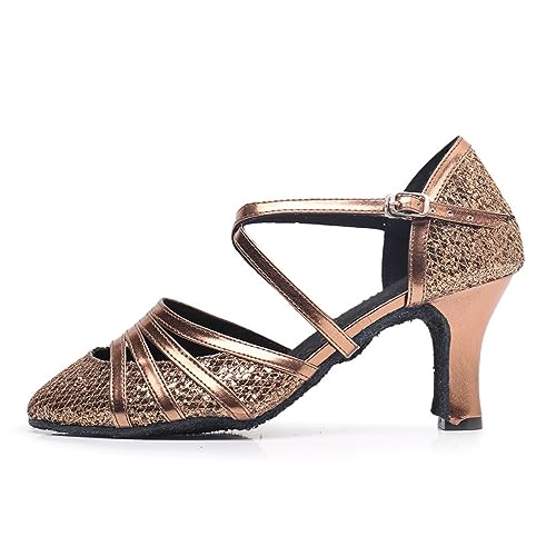 Rosefinch Damen Latein Salsa Tanzschuhe Geschlossene Zehe Mode Tango Cha-Cha Ballroom Performence Tanzschuhe Braun 7cm Absatz 41 EU von Rosefinch