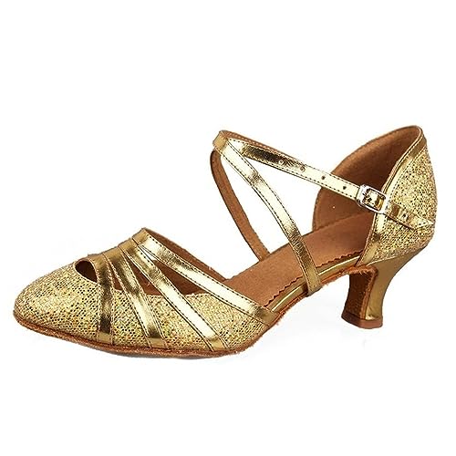Rosefinch Damen Latein Salsa Tanzschuhe Geschlossene Zehe Mode Tango Cha-Cha Ballroom Performence Tanzschuhe Gold 5cm Absatz 36 EU von Rosefinch