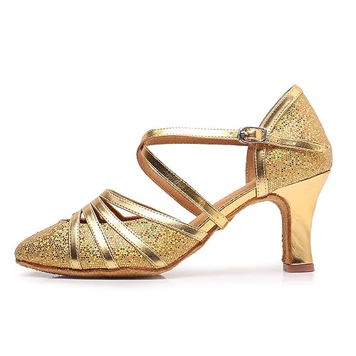 Rosefinch Damen Latein Salsa Tanzschuhe Geschlossene Zehe Mode Tango Cha-Cha Ballroom Performence Tanzschuhe Gold 7cm Absatz 36 EU von Rosefinch